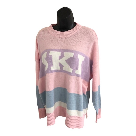 Sincerely jules pink blue stripe colorblock SKI graphic print sweater size S - Picture 6 of 12